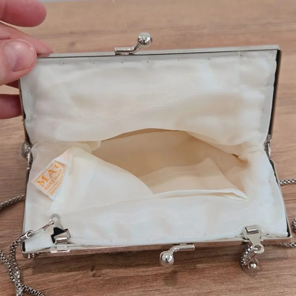 Vintage MAGID Beaded Evening Purse Clutch Silver Kiss Lock Chain Handmade Macau - Picture 4 of 9